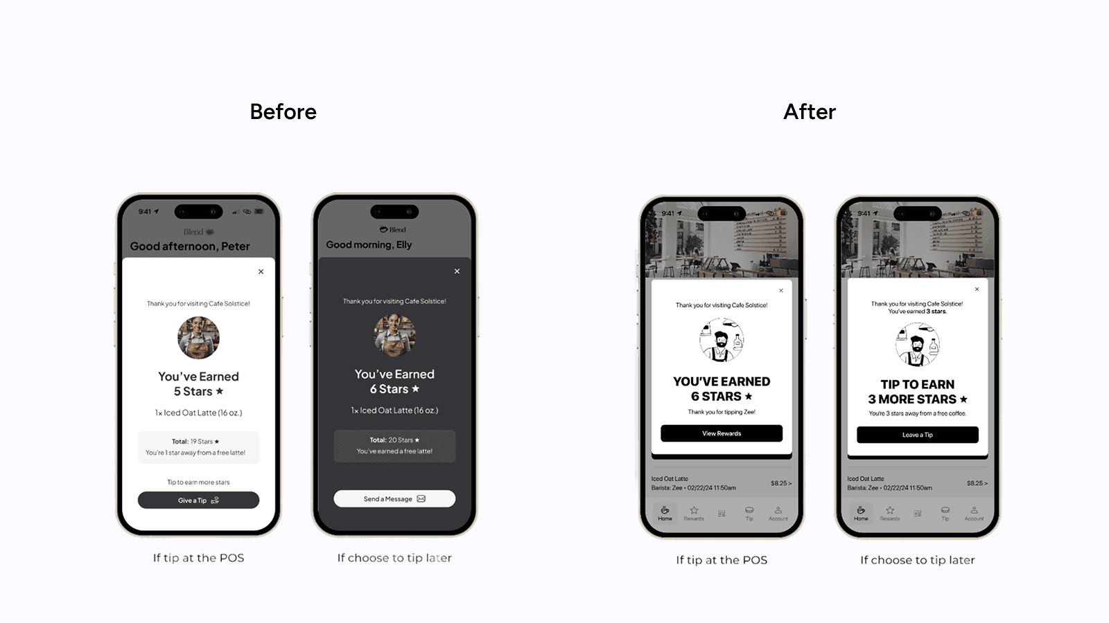 Blend App — rewards visibility before and after.