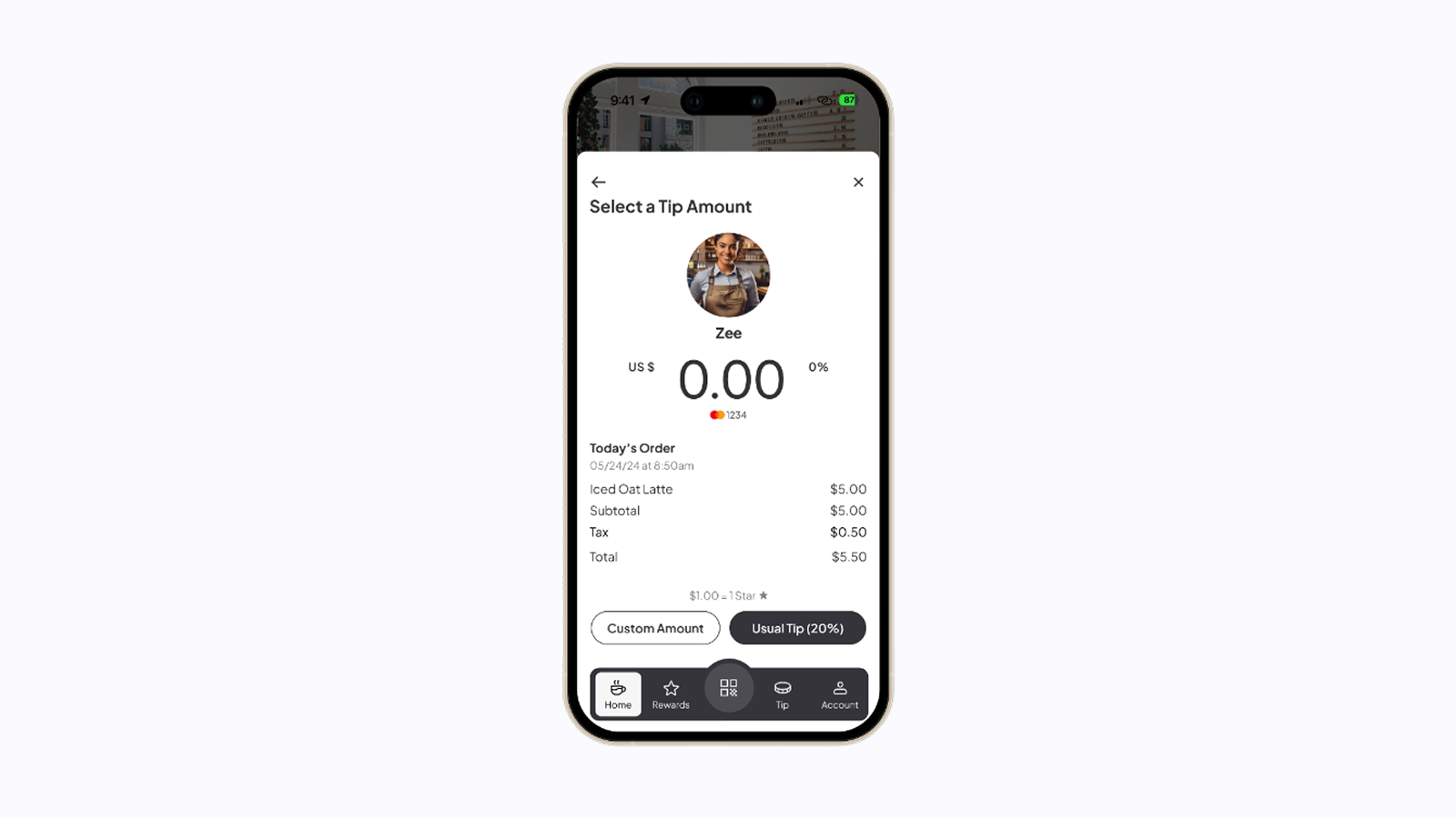 Blend App — order breakdown, "Usual Tip" options, and per-star monetary value (after).